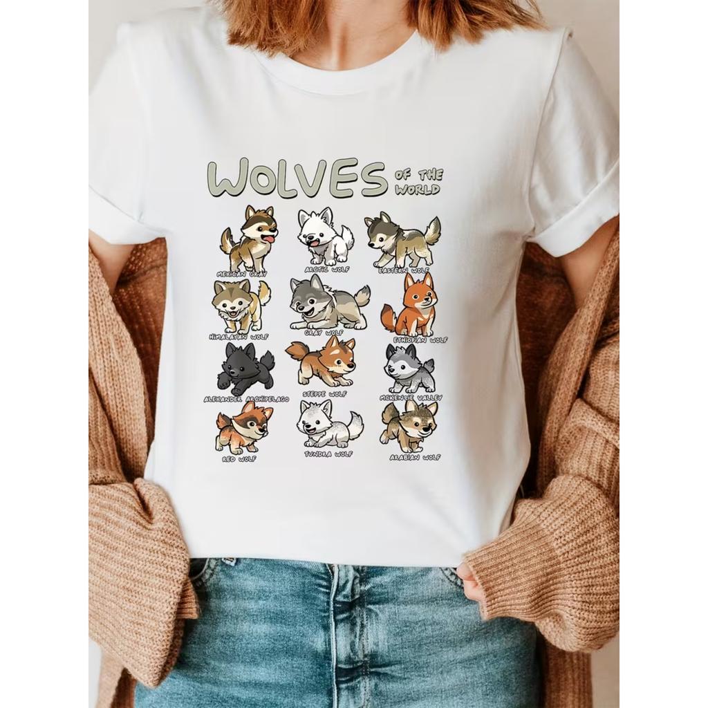 Nimal Love Wolf Fashion Letter Print T-Shirt, Short Sleeve Crew Neck Casual Top for Summer & Spring