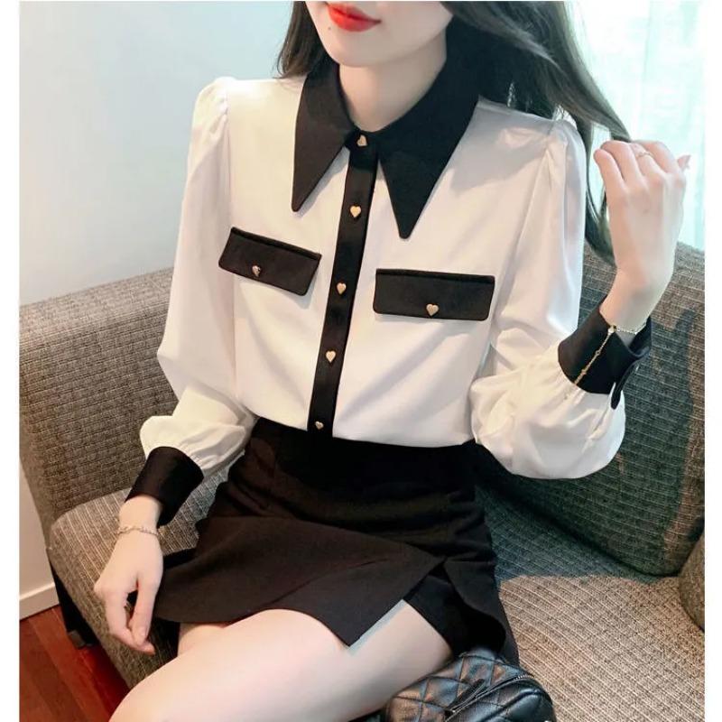 Women's Contrast Collar Heart Button Long Sleeve Blouse