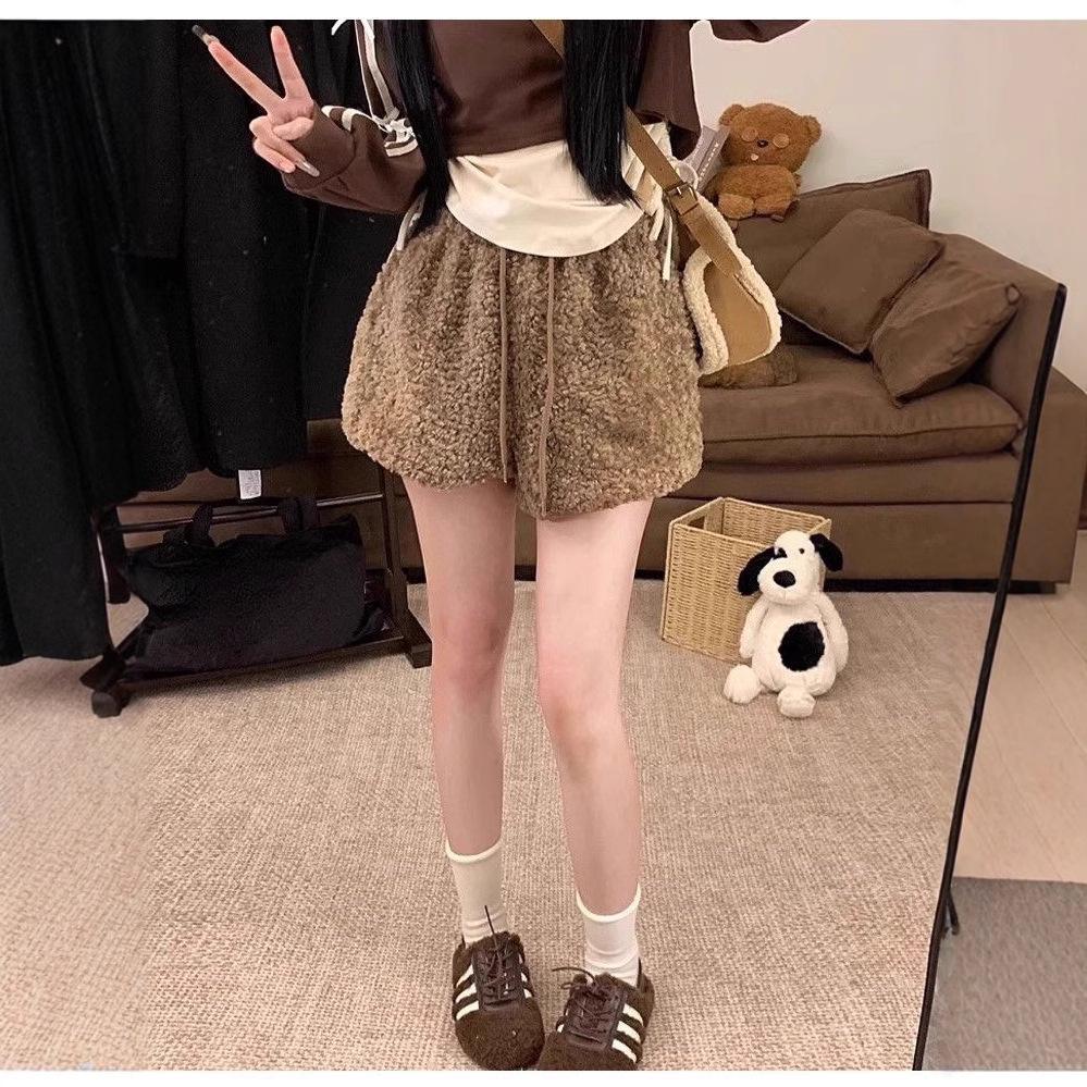 

Женские шорты с высокой талией на кулиске из овечьей шерсти - Теплые, свободного кроя для осени/зимы L [Recommended for up to 115 lbs] кофейный