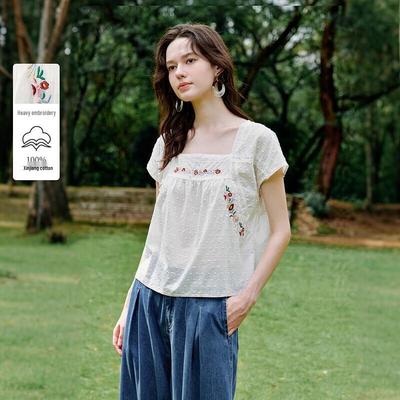 Inman Women's Sweet Embroidered 100% Cotton Short Sleeve Top