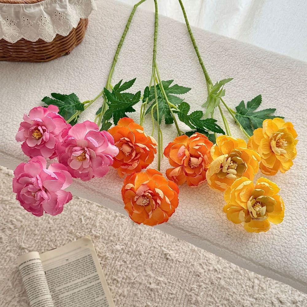 3-headed Peony Artifiical Flower Branch 62cm Height with Green Leaves Simulation Flower Flexible Stems Wedding Bouquet