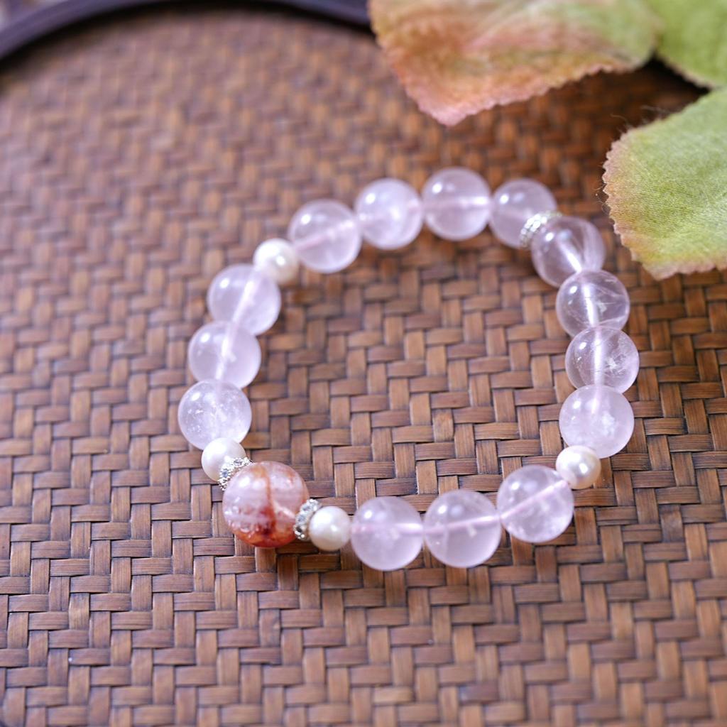 Chinesisches Perlenarmband aus Rosenquarz und Polymer Clay - Elegantes Damen Luxusmode Kristallschmuck Accessoire