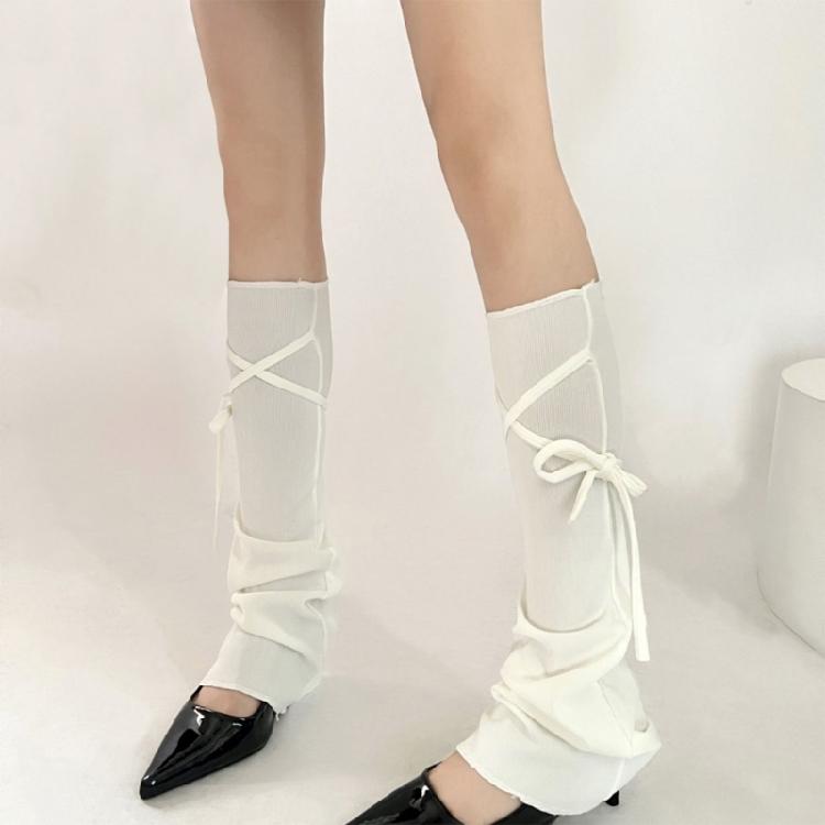 Women Harajuku Solid Color Flared Leg Warmers Lace Up Bandages Leg Sleeves Cover Footless Wide Leg Long Socks Streetwear