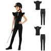 Mädchen Reitsport Reiten Reißverschluss Stehkragen Rüschenärmel Kontrastbesatz Oberteil Anti-Rutsch Vollbesatz Reithose Outfit