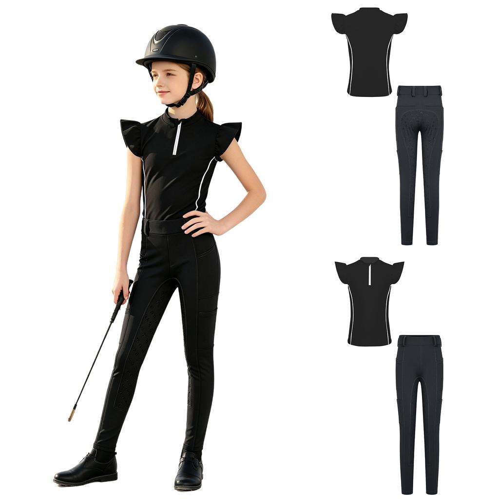Mädchen Reitsport Reiten Reißverschluss Stehkragen Rüschenärmel Kontrastbesatz Oberteil Anti-Rutsch Vollbesatz Reithose Outfit
