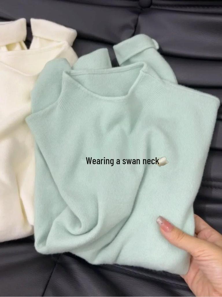 Women's Slimming Korean Style Minimalist Knitwear - Soft Stand Collar Long Sleeve Sweater for Spring/Autumn