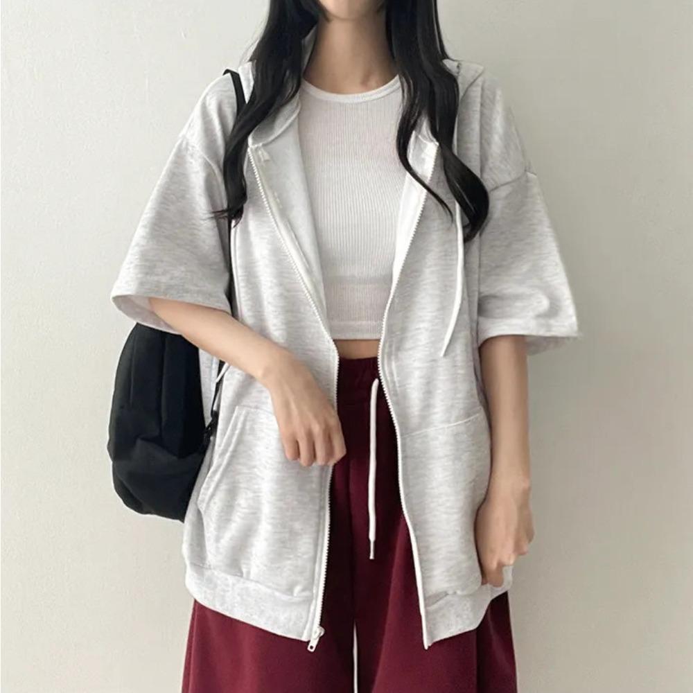 Women's Hooded Short Sleeve Cardigan Loose Fit Lazy Style Zip Up Jacket Casual Sweatshirt Top