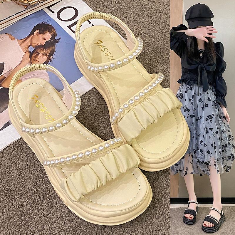 Thick soled sandals with feminine fairy style 2025 summer new elastic band student flat Roman shoes