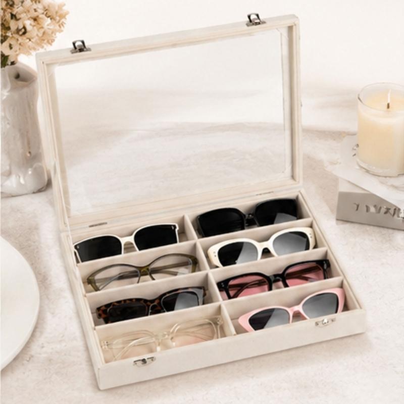 Open Glasses Storage Tray with 8 Separate Compartments, Single-Level Fabric-Covered Layout for Visible Eyewear Storage