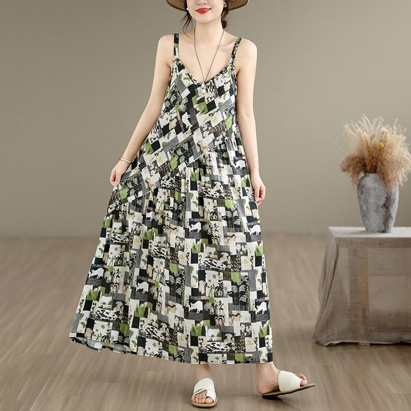 Sleeveless Strap Cotton Vintage Floral New In Dresses For Women Casual Loose Long Summer Dress Elegant Clothing