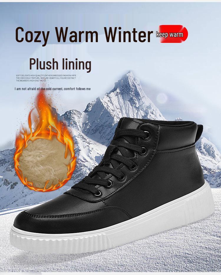 Men's High-Top Genuine Leather White Board Shoes, Warm, Velvet-Lined, Large Sizes, Stylish & Versatile Casual Footwear