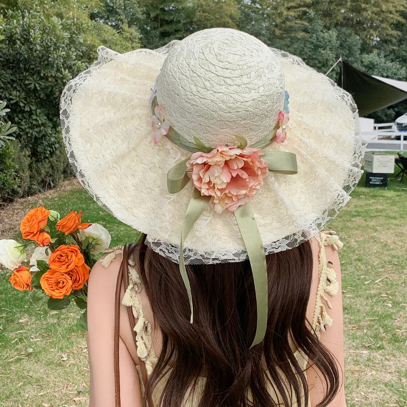 Korean sweet flower big brim sun hat women's summer outing beach hat sunshade straw straw hat