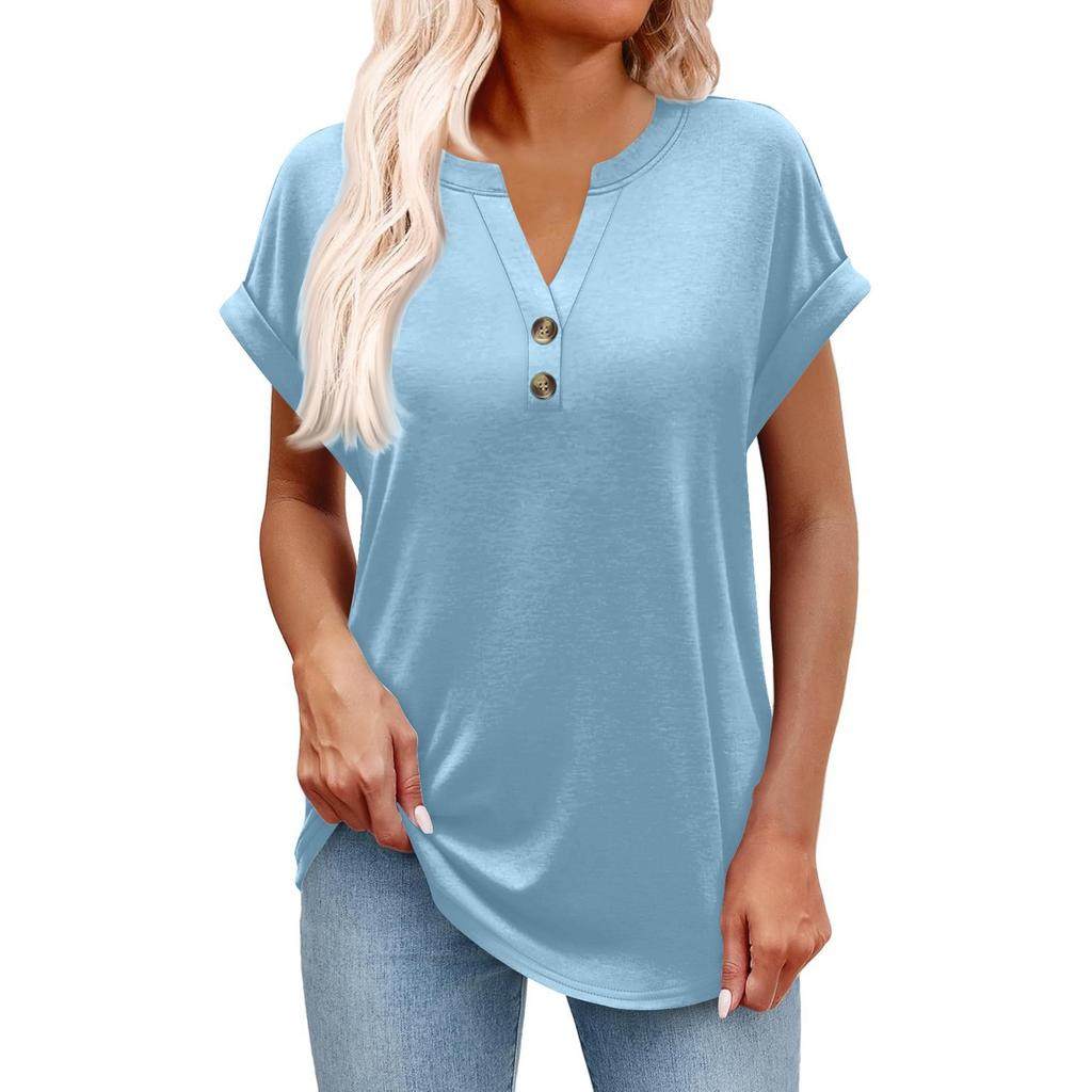 Women's Fashionable Casual Short-sleeved V-neck Button Printed Pullover Top