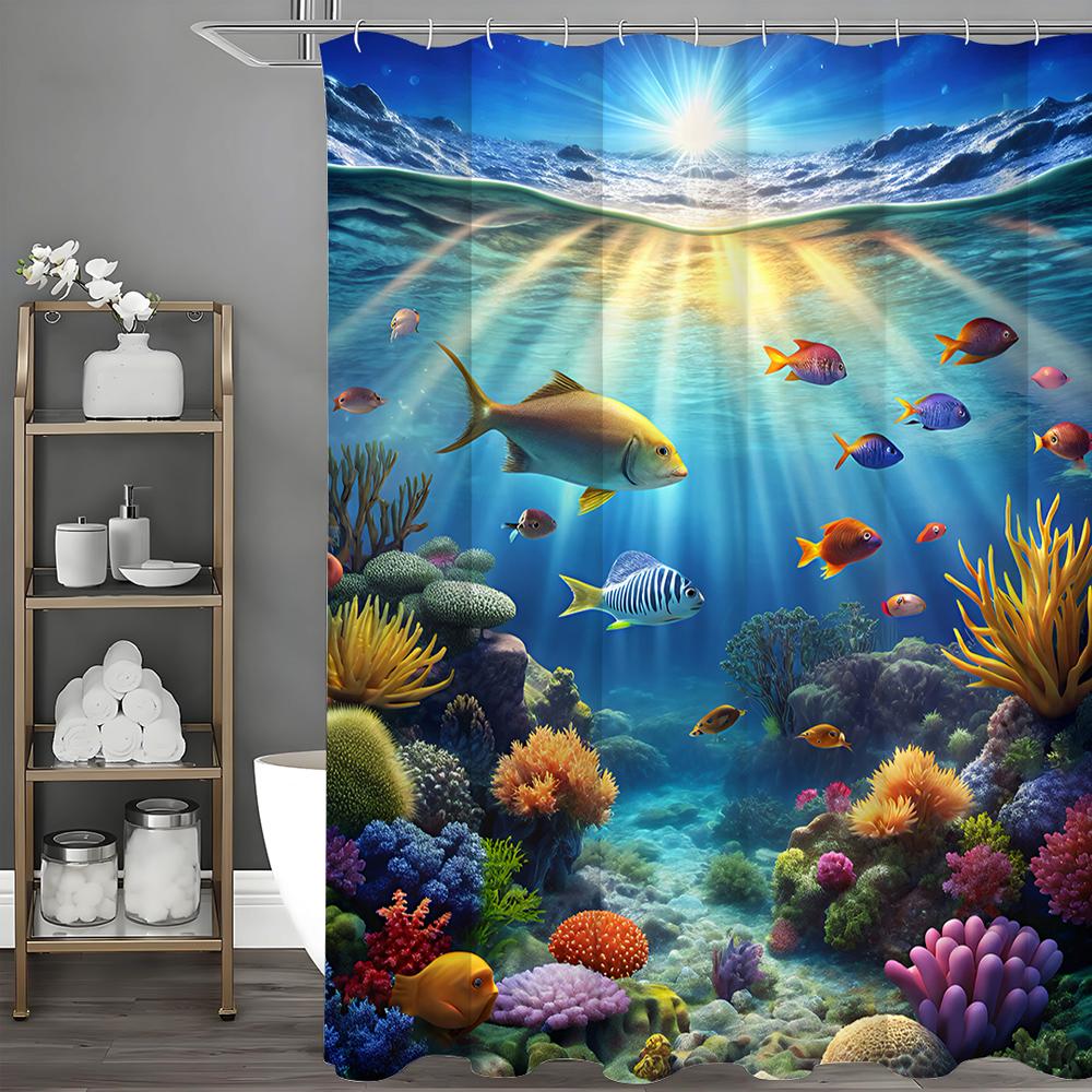 

Подводный мир Водоросли Кораллы Рыбы Занавеска для душа, Декоративная занавеска для душа для ванной, Водонепроницаемая занавеска для душа с крючками 180*180cm