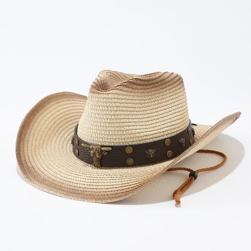 Vintage bull's head nail belt spray paint beach men's and women's western cowboy straw hat, sunshade straw straw straw hat
