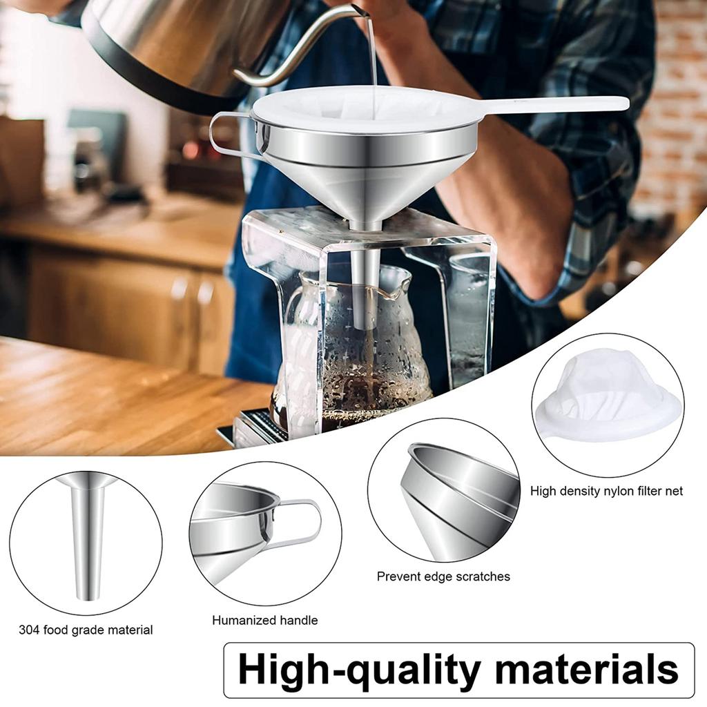 304 Stainless Steel Funnel with Strainer for Filling Bottles Kitchen Food Funnel with Nylon Filter Strainer for Oil Juice Filter