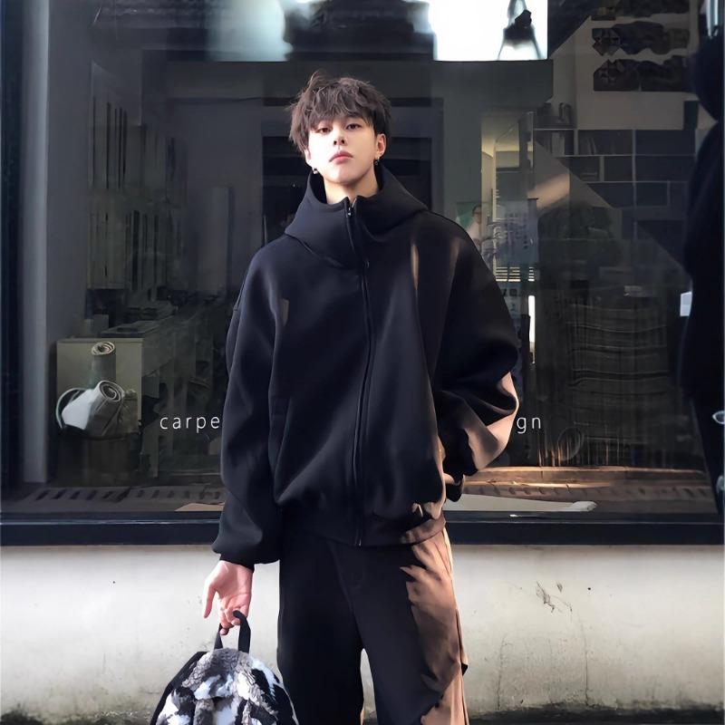 High Quality Black Hooded Cardigan Sweatshirt Men Autumn Casual Streetwear