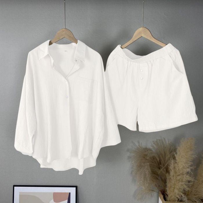 Summer Cotton and Linen Solid Color Shirt Two-piece Shorts Fashion Women's Suit