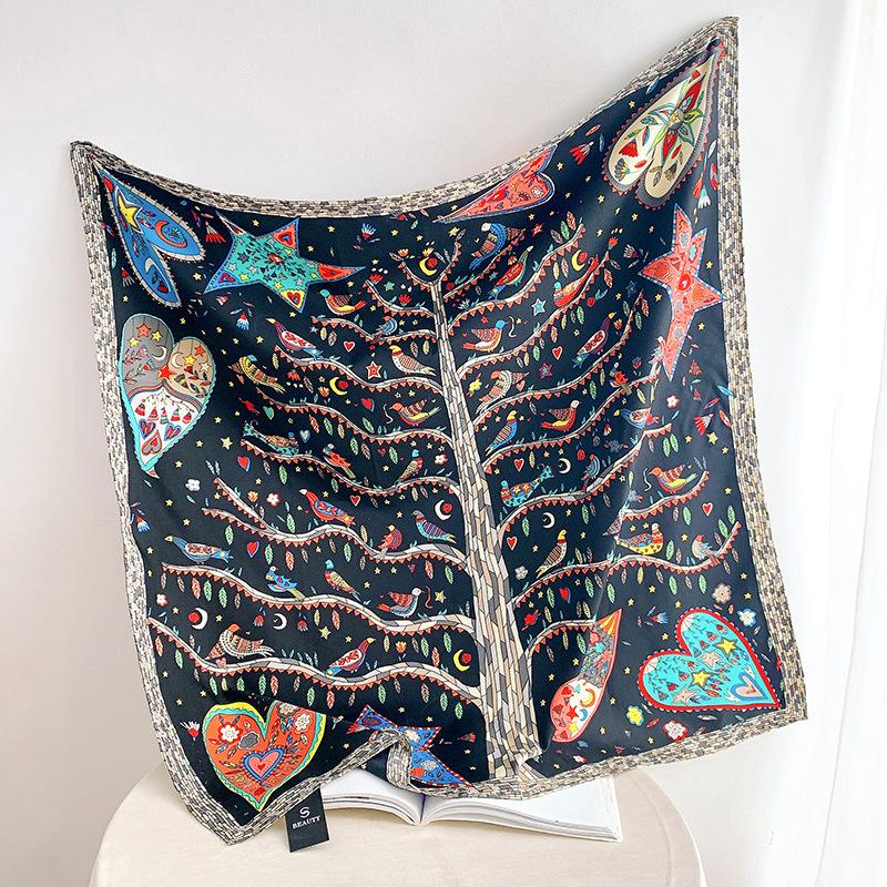 Fashionable and Gorgeous Printed Silk Scarf Women's Contrast Color Silky Simulation Silk Large Scarf Shawl