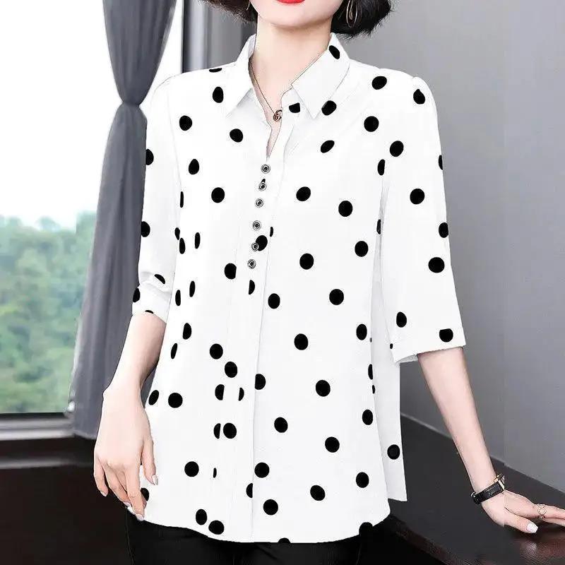 Dames Blouse met Stippen voor Middelbare Leeftijd Revers Halve Mouw Losse Pasvorm Top