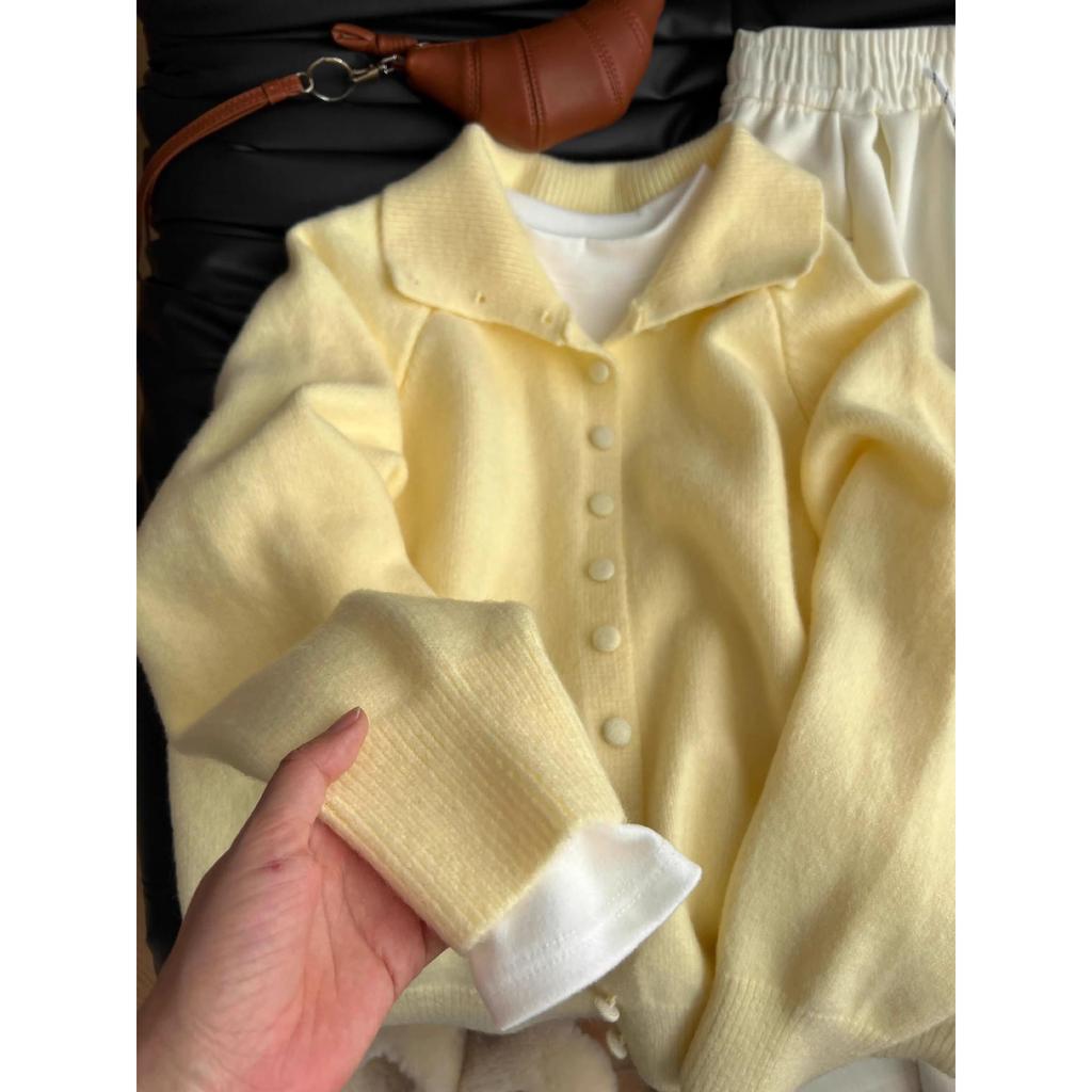 Women's Autumn/Winter Soft Yellow High-Neck Button Knit Cardigan Sweater