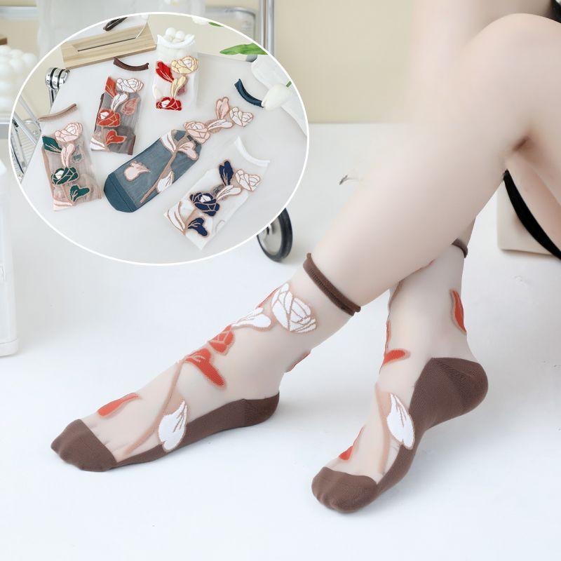 1/3/5/10 Paar durchsichtige, transparente lange Nylonsocken für Damen, Sommer, ultradünn, atmungsaktiv, Kristallseidensocken, Stickerei, Blumenmuster, süße Spitzensocken