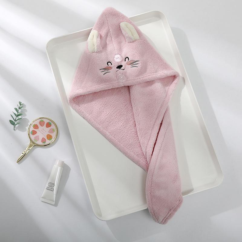 Cute Cartoon Embroidery Coral Fleece Water Absorbent Hair Cap for Women
