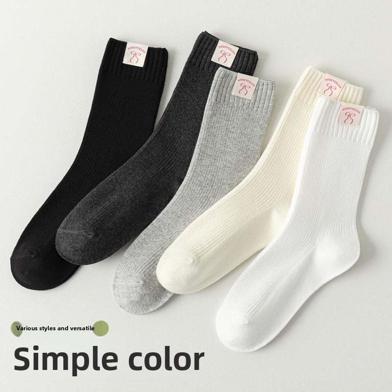 5 Pairs Socks Autumn Women's Cream Double Needle Thickened Pile Socks Bowknot Cloth Label Tide Socks