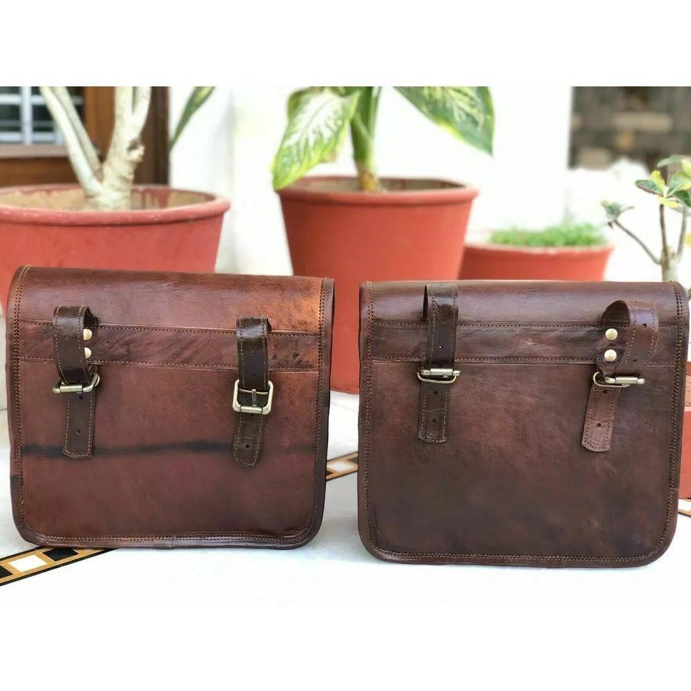 Motorcycle Saddlebags Pouch Brown Leather Two Side Saddle Panniers 2 Bags