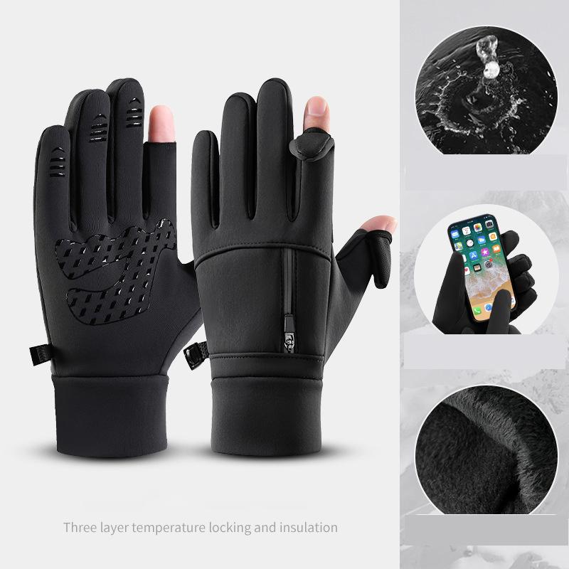Winter Cycling Gloves Windproof Men Women Touchscreen Warm Gloves Motorcycle Water-Repellent Zipper Pocket Fingertip Flip Gloves