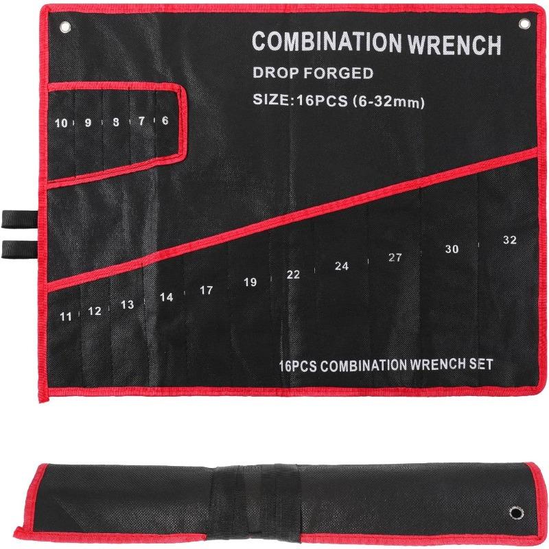 

16-Pocket Black Tool Bag with Red Stitching - Compact Wrench Organizer for Mechanics & Craftsmen, Secure Zipper & Multi-Pockets
