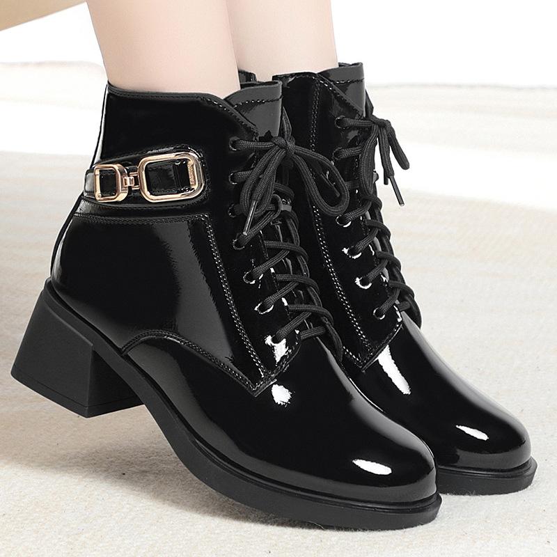 Bright Leather Martin Boots Women's British Style, New Autumn and Winter Boots Black Round Head Short Boots Thick Heel Velvet Leather Shoes