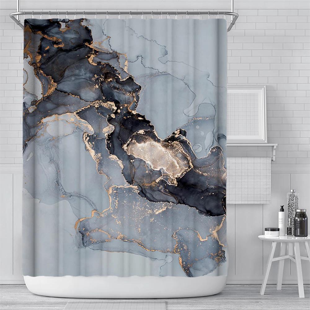 Abstract Navy Blue Gold Marble Shower Curtain Modern Luxury Golden Cracked Lines Fabric Bathroom Curtain Fashion Decor With Hook