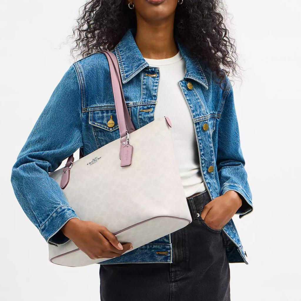 Coach White Signature Canvas Large Zip Tote Bag with Pink Leather Trim for Daily Use