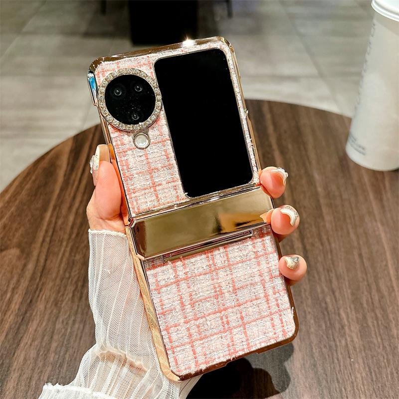 For Oppo Find N3 Flip 5G Case Plaid Texture Rhinestone Decor Hinge Protection PC Phone Cover
