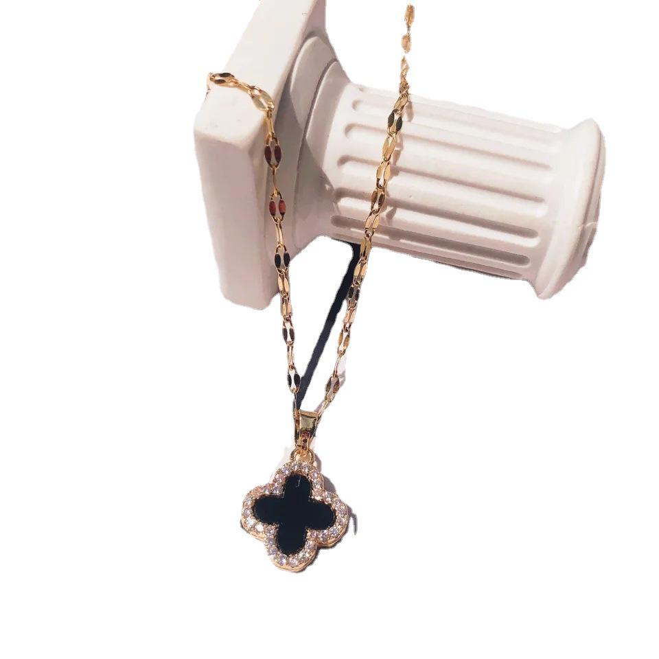 Elegant Double-Sided Four-Leaf Clover Necklace - Rose Gold Plated with Black & White Enamel, Micro-Inlaid Zirconia for Women