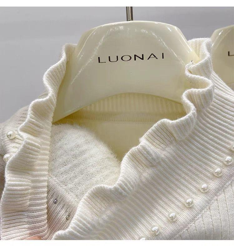 Pulover Tricotat cu Guler de Catifea cu Mărgele pentru Femei Toamnă/Iarnă