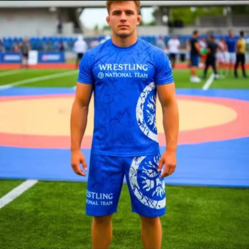 Mens Breathable 3D Printed Wrestling Martial Arts Training Set Short Sleeve T-Shirt Shorts