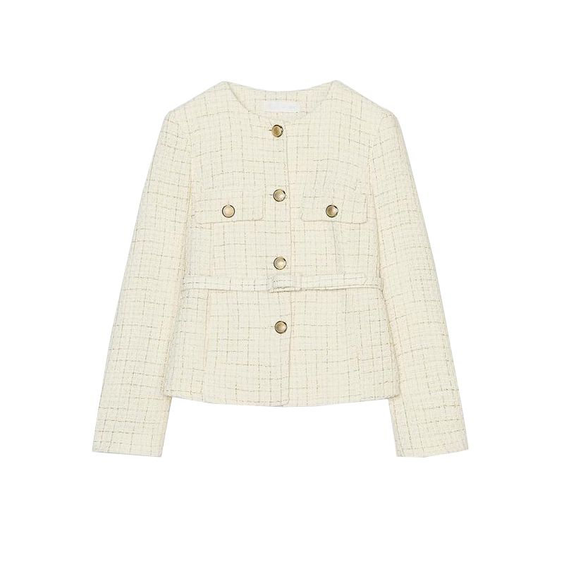 Spring New Women's Wear with Shoulder Pad Round Neck Long Sleeve Lace Belt Texture Blazer Outerwear 2409113