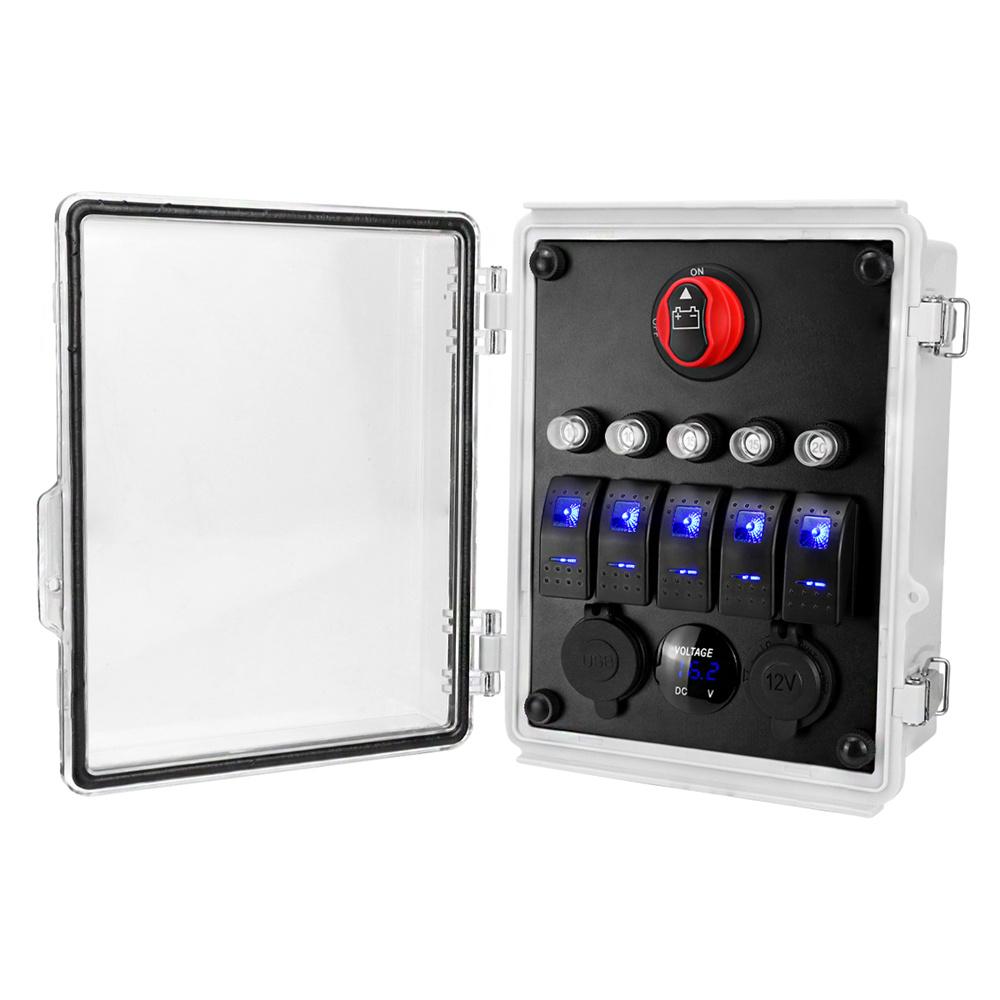 12V 20A 5 Gang Marine Rocker Switch Panel Waterproof Circuit Box LED Voltmeter
