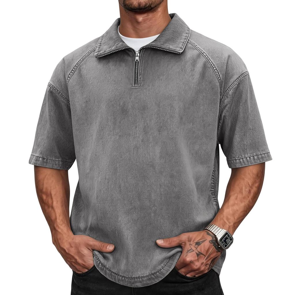Men's Casual American Style Washed Cotton Vintage Short Sleeve Fitted Polo Shirt with Zip Collar Retro Trendy Design Comfortable Fit