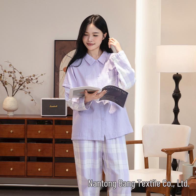 

Yisejia Women s Spring & Autumn Cotton Gauze Pajama Set - Couple Style with Faux Two-Piece Design XL (Women: 130-160 jin / Men: 160-180 jin)