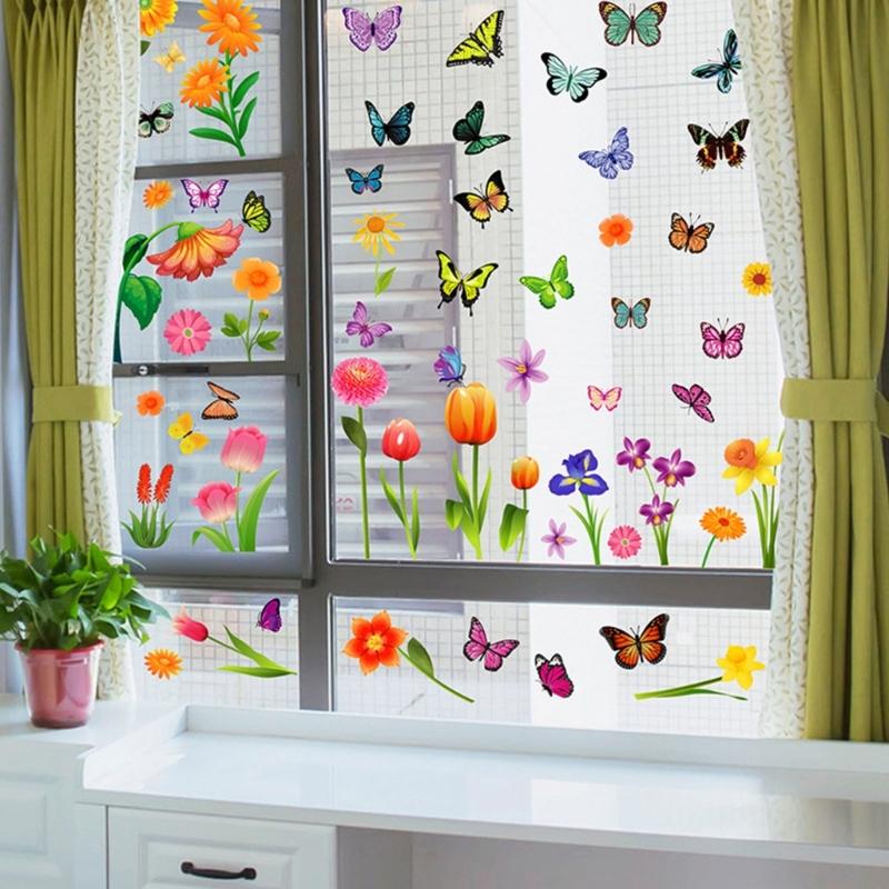Window Cling Decal Butterfly Flower Pattern Friendly PVC No Residues Easy Application