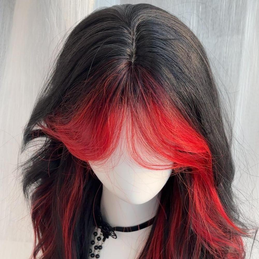 Mittelscheitel Schwarzes Ombre Rotes Gestuftes Haarteil Halloween Lolita Cosplay Perücken für Damen