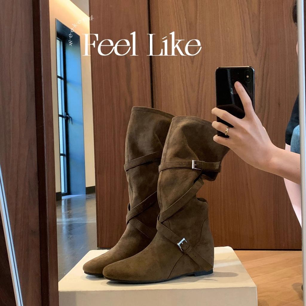 [Factory Spot~~] Retro Pile Western Cowboy Boots Round Head Buckle Soft Folds Skinny Medium Boots Women
