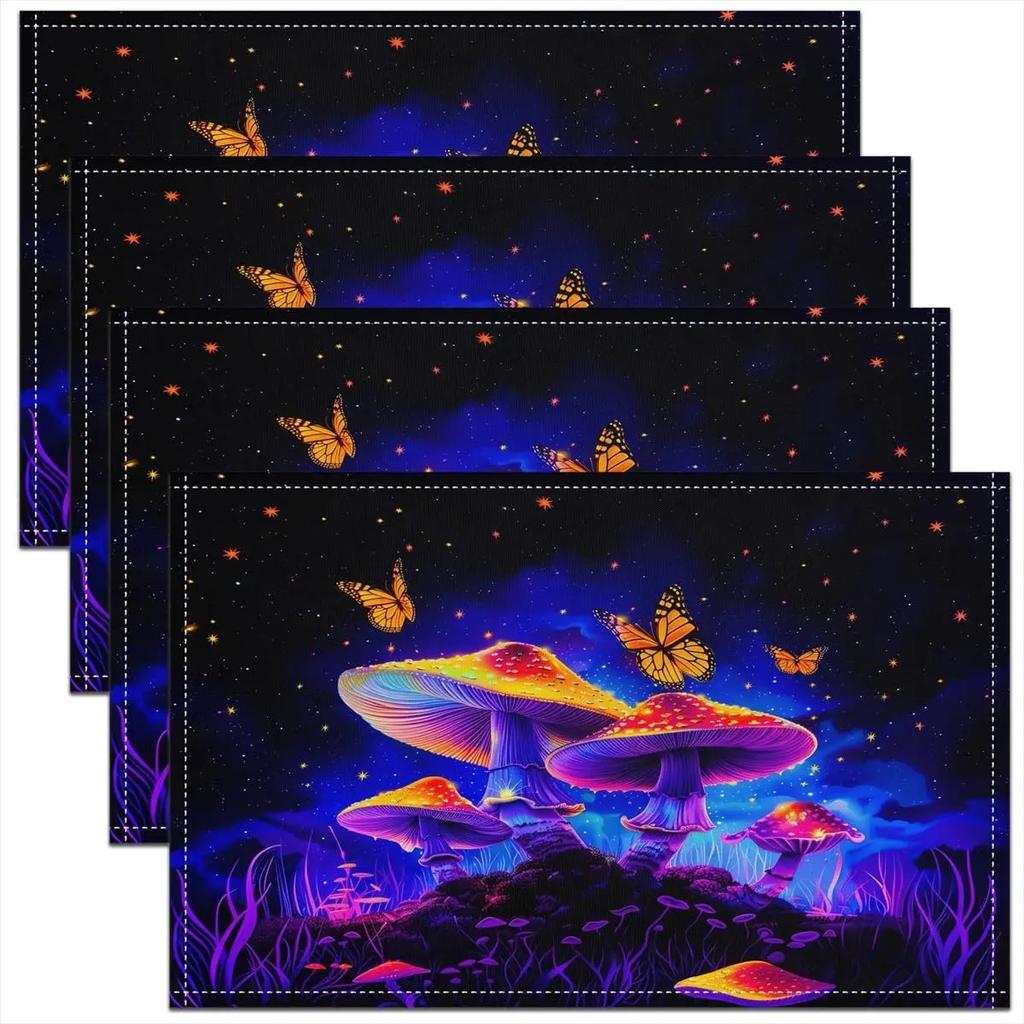 1PC Mushroom Decor Table Place Mats Longleg Mushroom Dragonfly Placemat for Kitchen Dining Table Decor