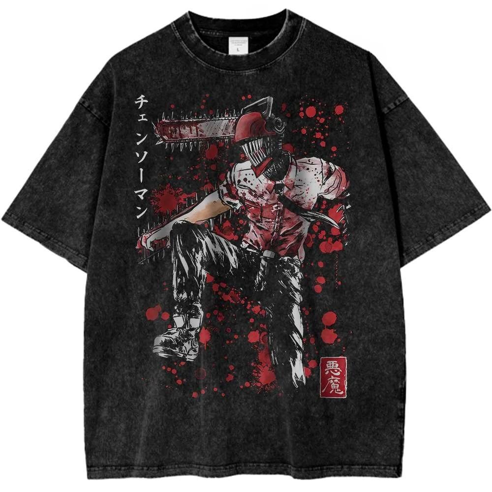 Chainsaw Man Denji Vintage Washed Anime Graphic TShirt Unisex Streetwear Loose Casual Cotton Tshirt S