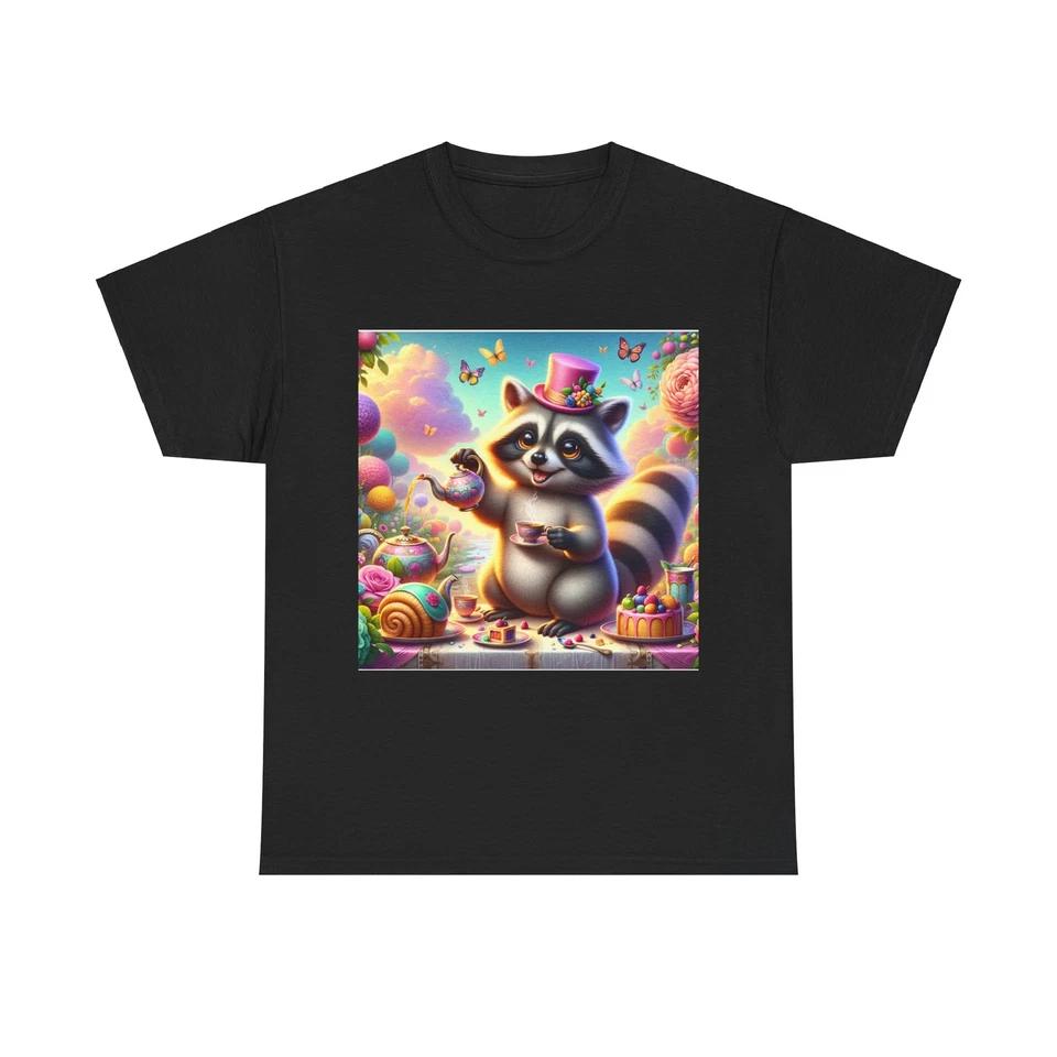 Unisex Adult T Shirt Whimsical Raccoon Tea Party Art XL