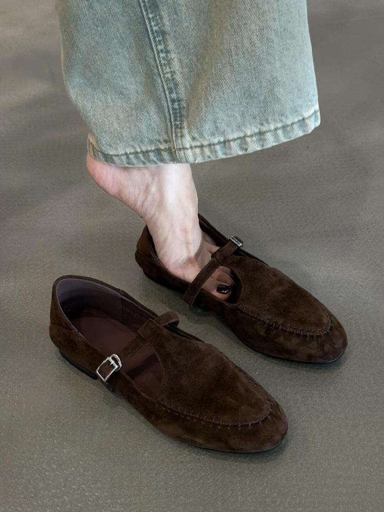 

Версия из овчины~ Французские ретро туфли Мэри Джейн из замши с круглым носком, женские 2025 новые туфли-лодочки с неглубоким вырезом и плоской подошвой 40