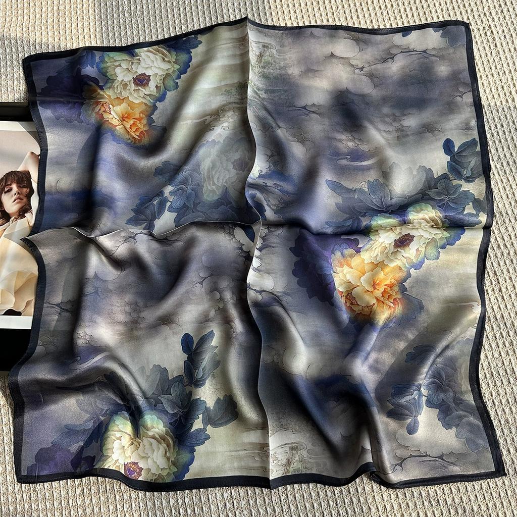 100% Pure Silk Floral Scarf Neck Foulard Square Headband Fashion Vintage Neckerchief Scarves Bandana 65*65Cm